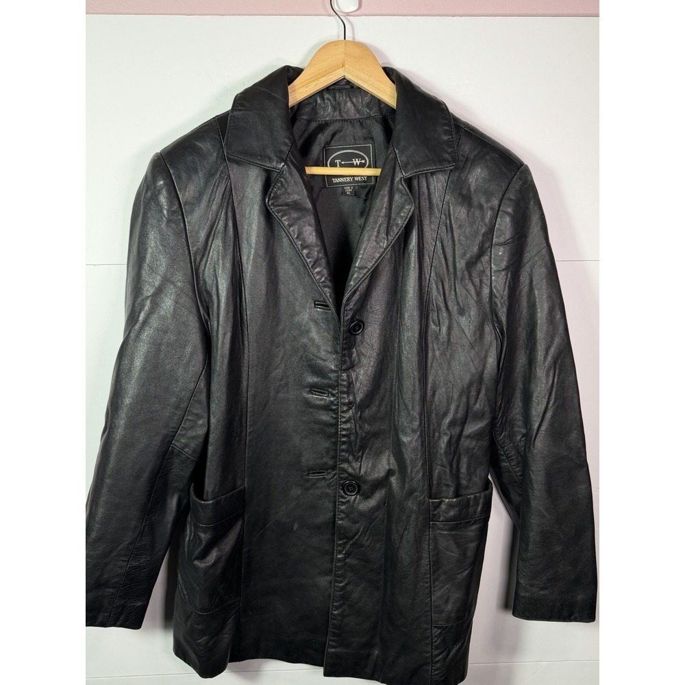 Tannery West Mens XL Black Genuine Leather Blazer Sport Coat 3 Button Jacket